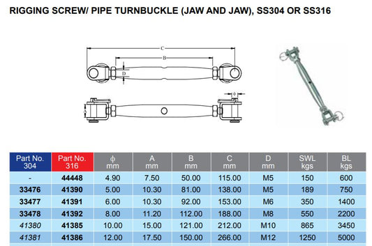 Pipe turnbuckle jaw & jaw G316 stainless steel