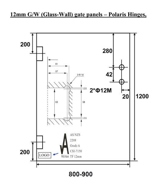 Clear Toughened Wall - Glass Polaris Gate 12mm (T) x 1200mm (H)