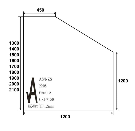 Clear Toughened Glass Pool Raked Panel 12mm (T) x 1200 (W)